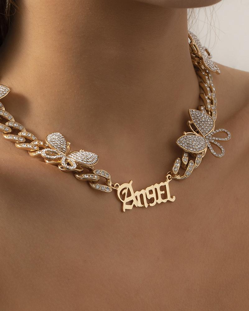 

Letter Butterfly Pattern Studded Decor Chain Necklace, Gold