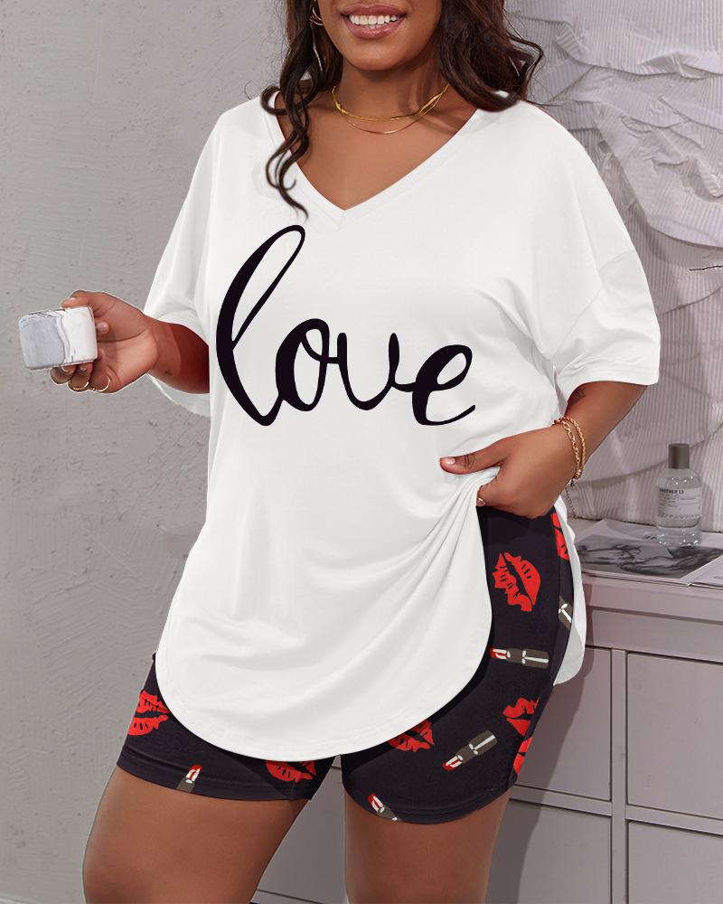 

Plus Size Love Heart Print High Waist Pajamas Set, White