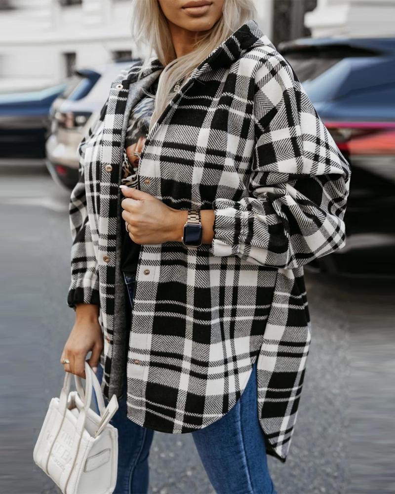 

Chaqueta de abrigo con capucha y manga larga con estampado de cuadros y botones en el dobladillo, Black