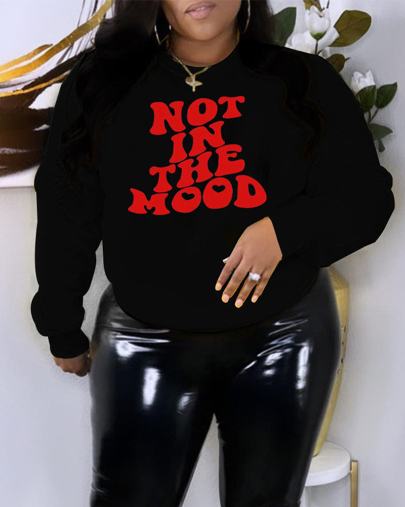

Plus Size Letter Print Long Sleeve Sweatshirt, Black