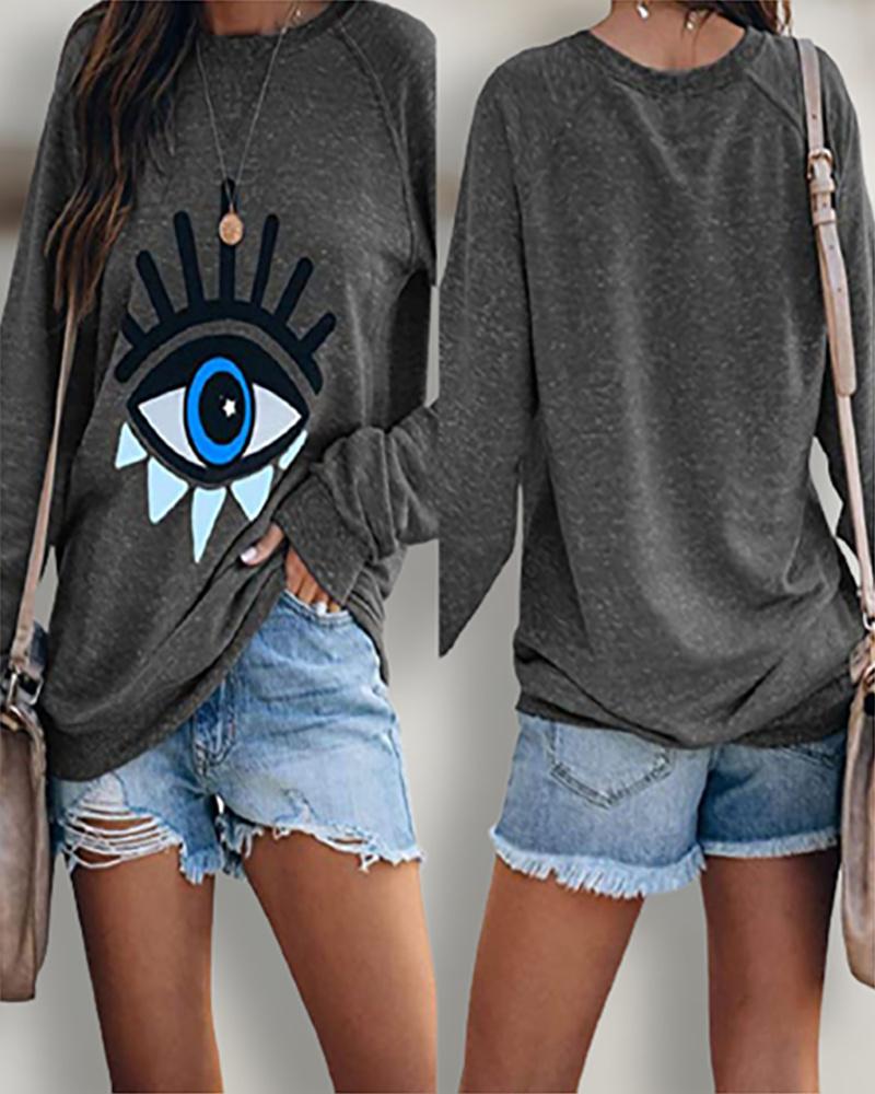 

Halloween Long Sleeve One Eye Print O Neck Sweatshirt, Gray