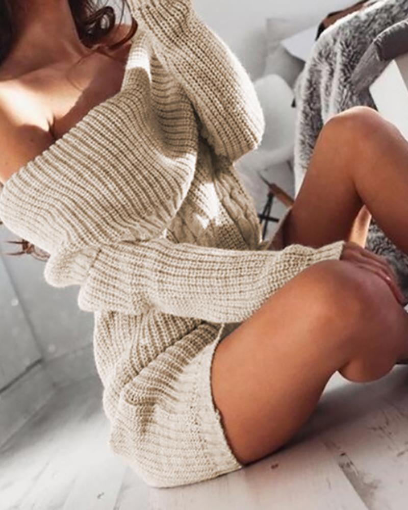 

Off Shoulder Knit Long Sleeve Sweater Dress, Beige