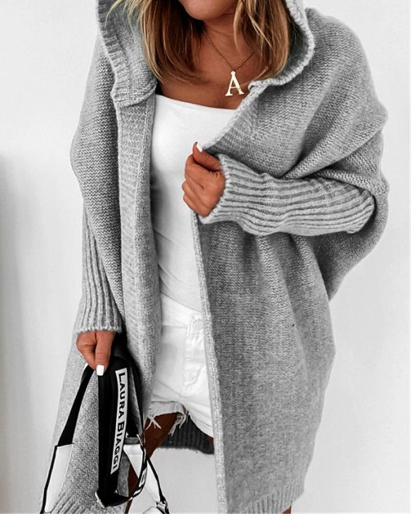 

Cardigan de malha com manga morcego e capuz grande, suéter aberto na frente, Gray