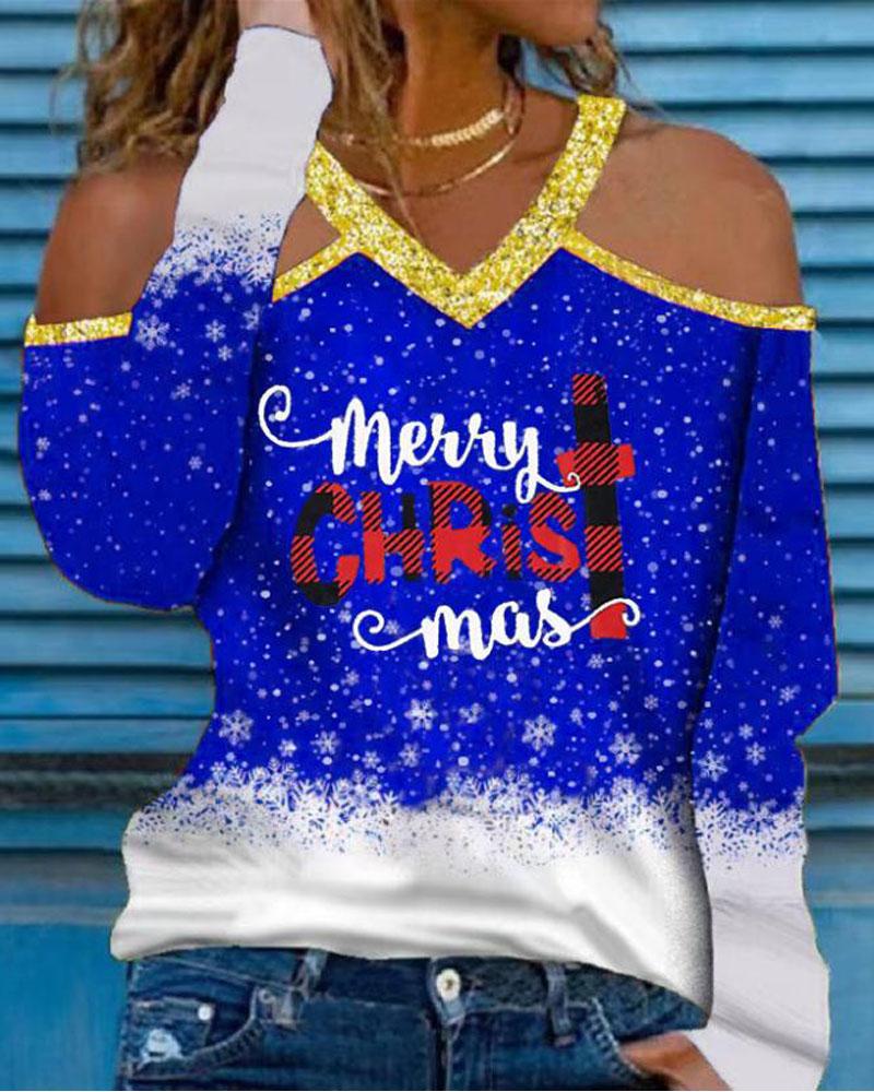 

Merry Christmas Snowflake Print Cold Shoulder Top, Blue