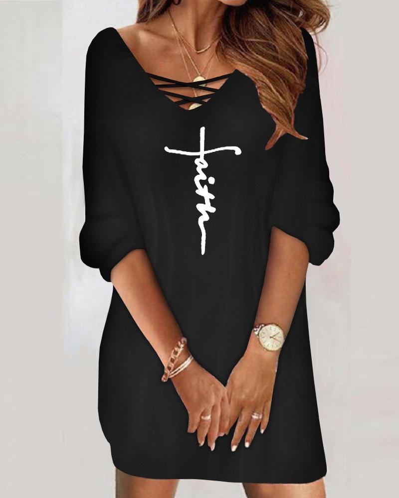 

Letter Print V-Neck Casual Dress, Black