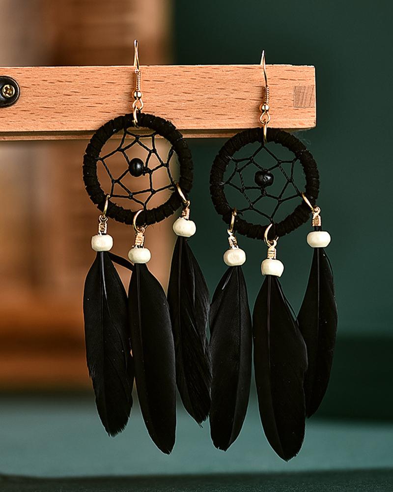 

1Pair Beaded Feather Decor Dream Catcher Shaped Drop Earrings, Black