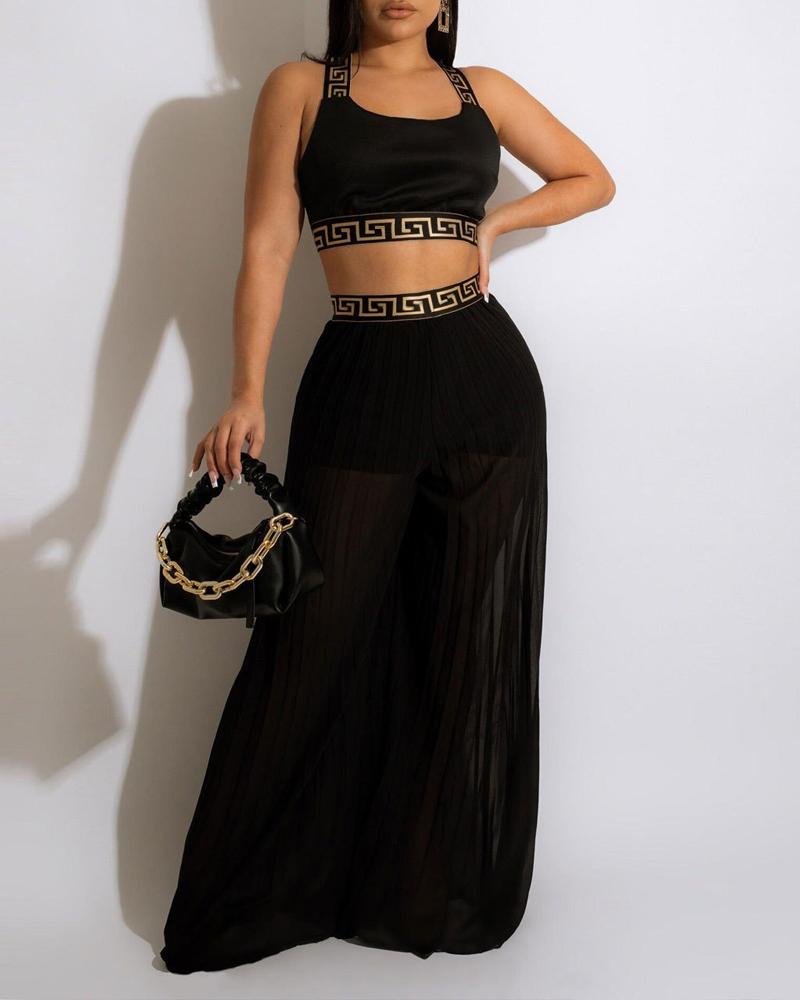 

Geo Trim Crop Tank Top & Pleated Wide Leg Pants Set, Black