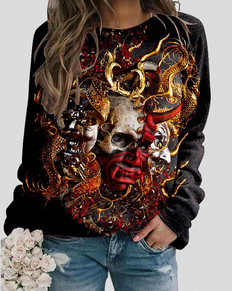 

Halloween Skull Print Long Sleeve Top, Style1