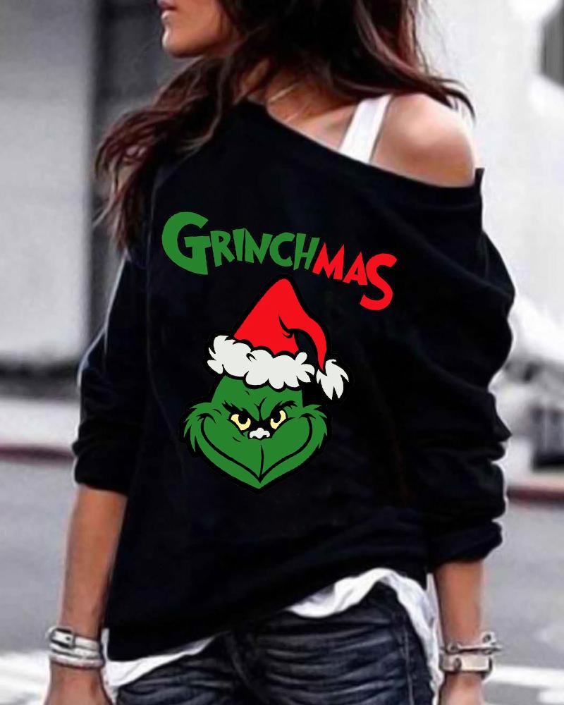 

Christmas Grinch Print Long Sleeve Sweatshirt, Black