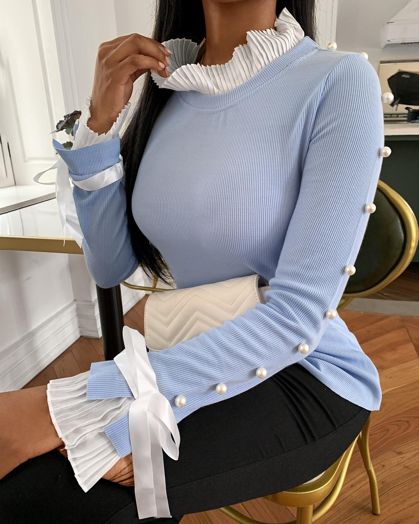 

Bowknot Decor Beaded Frill Hem Bell Sleeve Knit Sweater, Blue