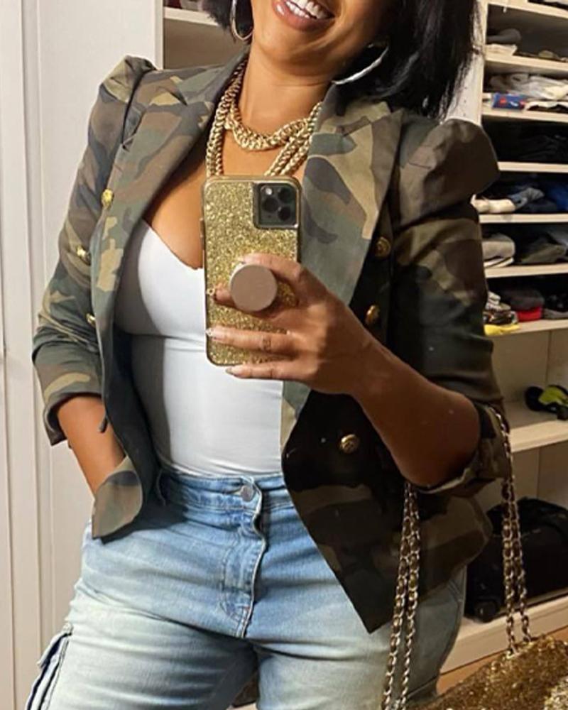 

Camouflage Print Puff Sleeve Double Breasted Blazer, Camoflage