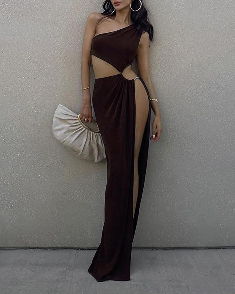 

One Shoulder Cutout High Slit Evening Dress, Dark brown