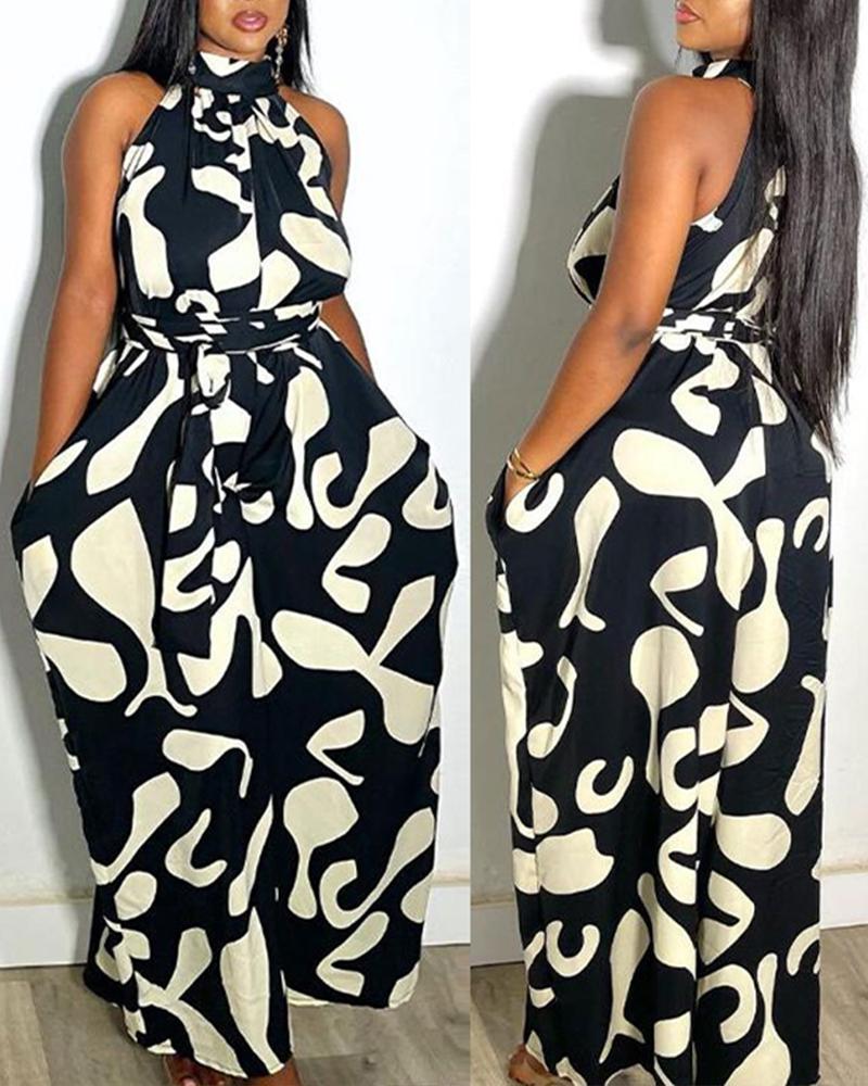 

Plus Size Abstract Print Colorblock Tied Detail Jumpsuit, Black