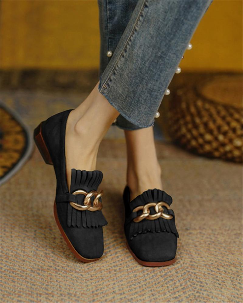 

Suede Chain Decor Tassel Design Loafers, Black
