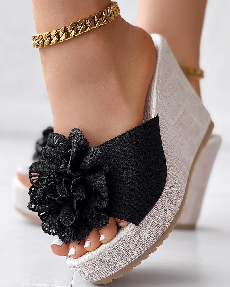 

Floral Pattern Wedge Slipper Summer Sandals, Black