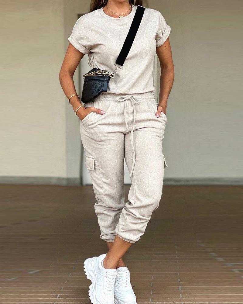 

Round Neck Top & Drawstring Cuffed Pants Set, Apricot