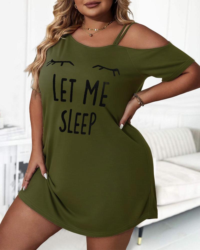 

Plus Size Let Me Sleep Figure Print Cold Shoulder Sleep Dress, Army green