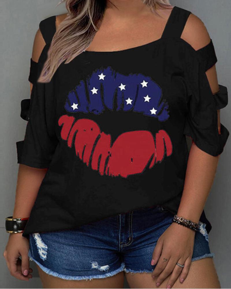 

Plus Size Lip Star Print Cold Shoulder Top, Black