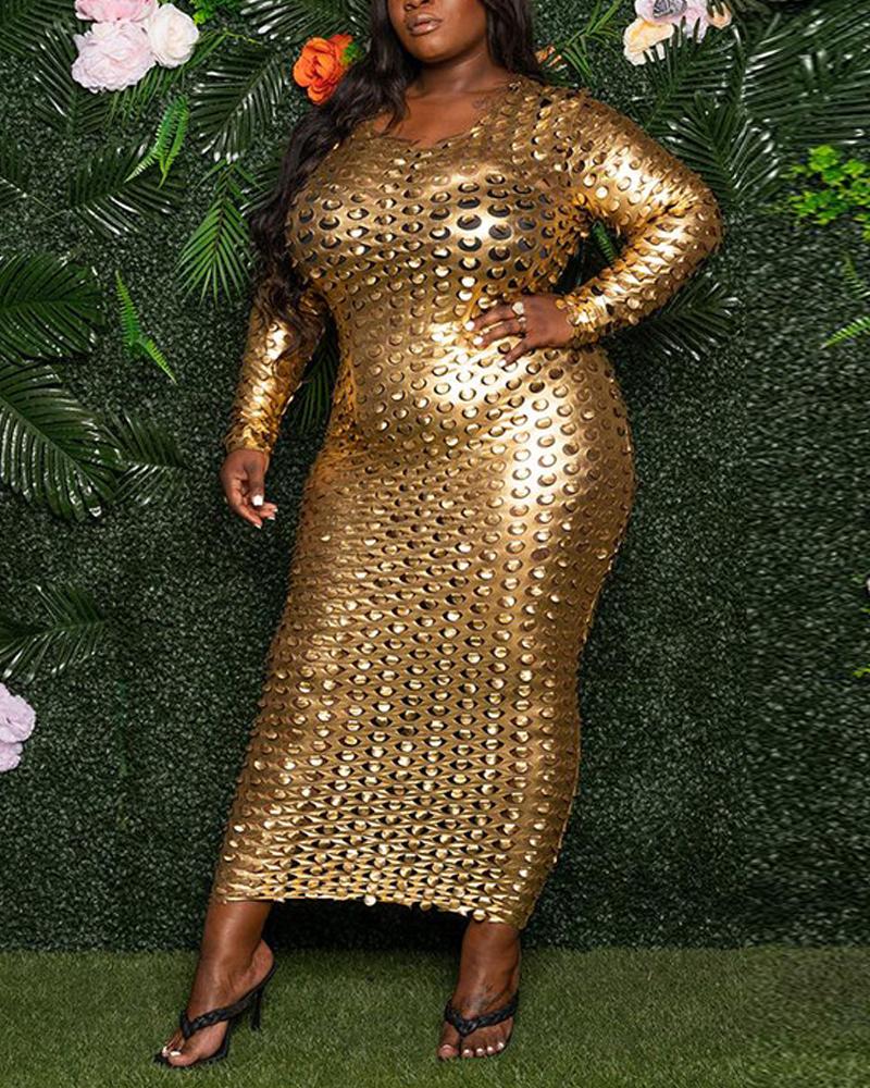 

Plus Size Hollow Out Long Sleeve Bodycon Dress, Gold