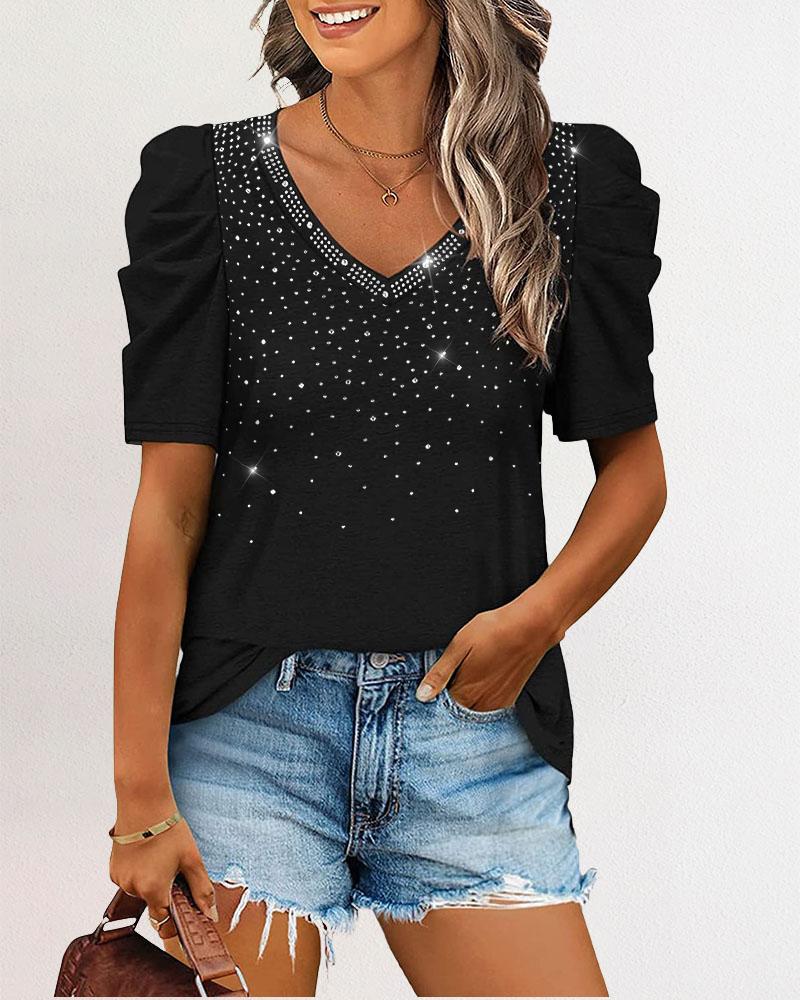 

Rhinestone Decor V-Neck Puff Sleeve Casual T-shirt, Black