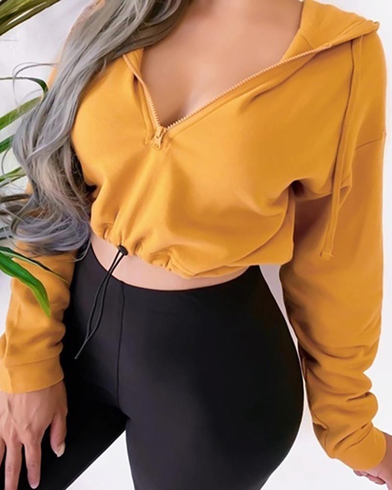 

Solid Color Long Sleeve Hooded Cropped Sweatshirt, Yellow