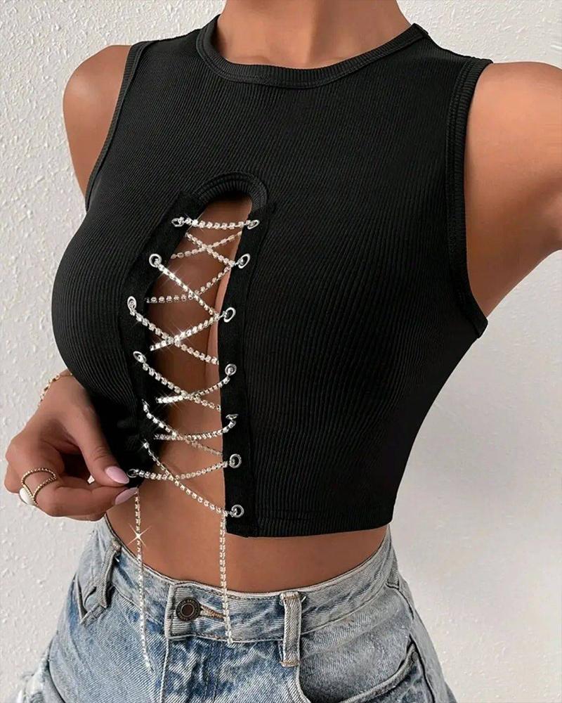 

Grommet Eyelet Lace-up Ribbed Crop Top, Black