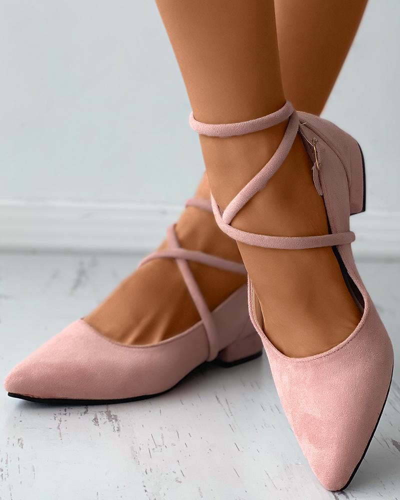 

Pointed Toe Strappy Suede Slip-On Shoes, Pink