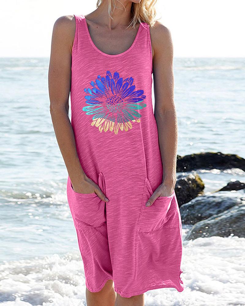 

Daisy Print Pocket Design Sleeveless Casual Dress, Hot pink