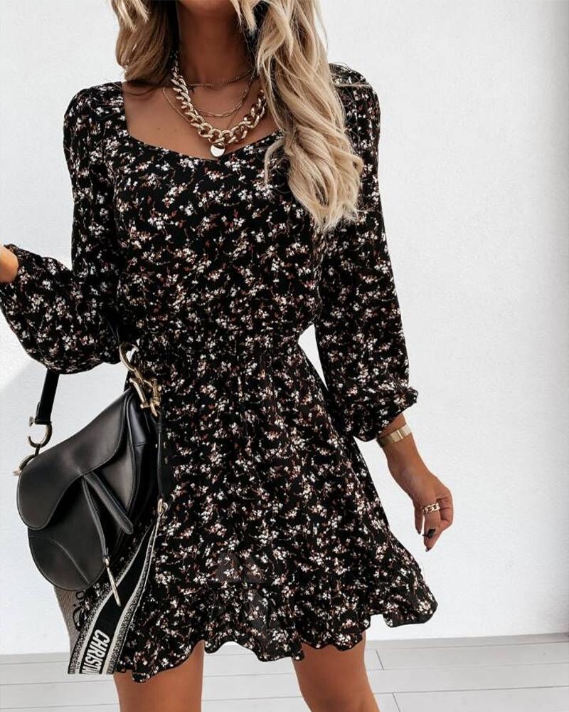 

Ditsy Floral Print Lantern Sleeve Shirred Waist Ruffle Hem Dress, Black