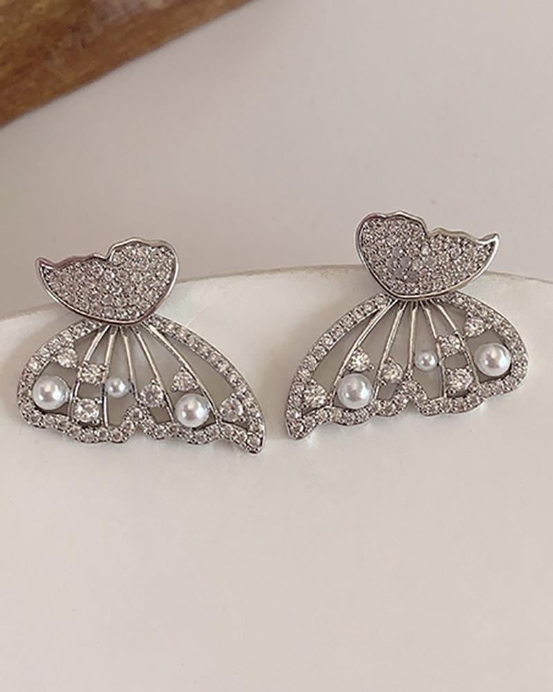 

1pair Butterfly Shaped Beaded Rhinestone Decor Earrings, Silver
