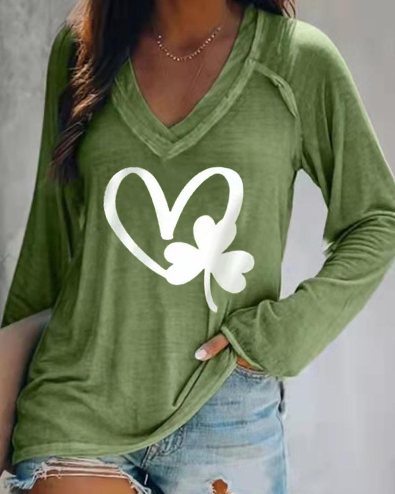 

St. Patrick's Day Clover Heart Print Long Sleeve Top, Green