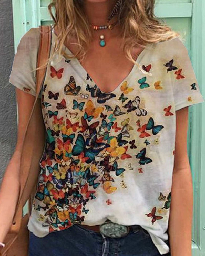 

Butterfly Print Short Sleeve Casual T-shirt, White