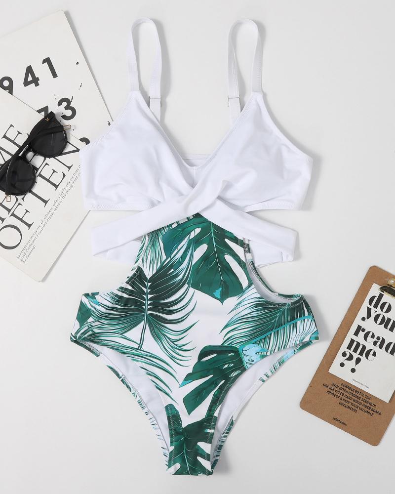 

Palm Tree Print Colorblock Cutout One Piece Swimsuit, White