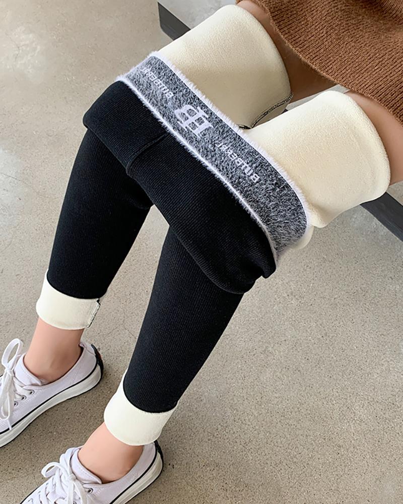

Letter Trim Fleece Lined High Waist Thermal Warm Leggings, Black