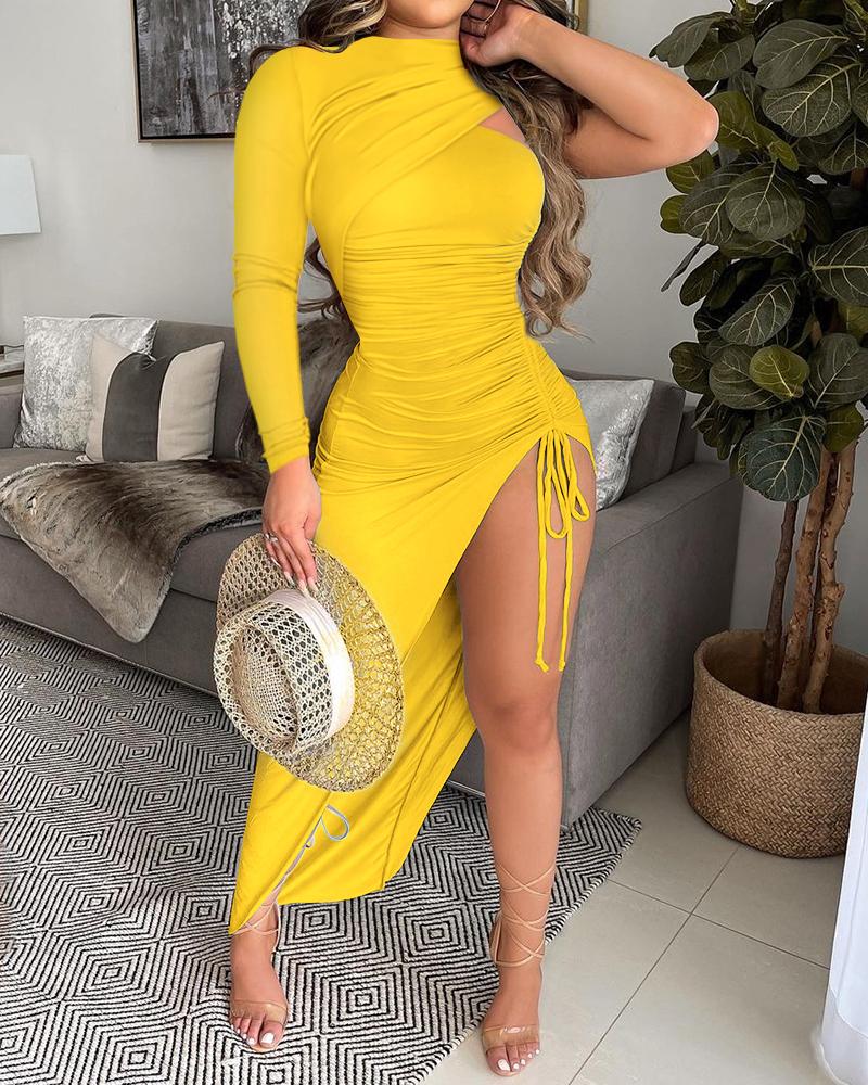 

Solid Drawstring Ruched Slit Thigh Bodycon Dress, Yellow