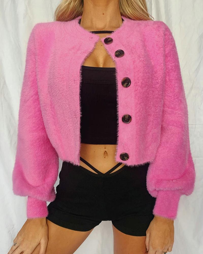 

Button Design Fluffy Long Sleeve Knit Top, Pink