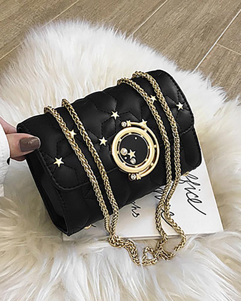 

Star Pattern Beaded Quilted Chain Bag, Black
