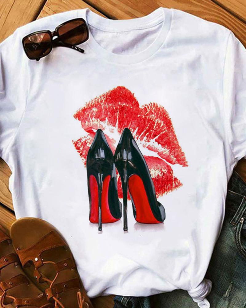 

Graphic Heels Lip Print Crew Neck Casual T-shirt, White