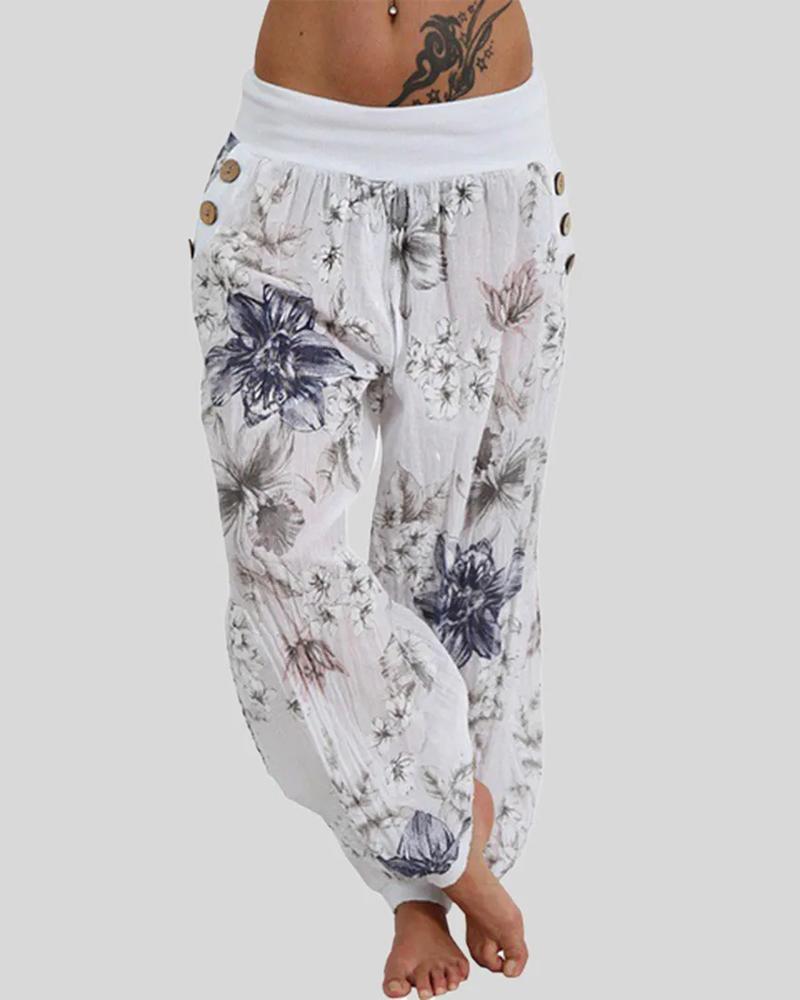 

Floral Print Button Decor Low Waist Pants, White
