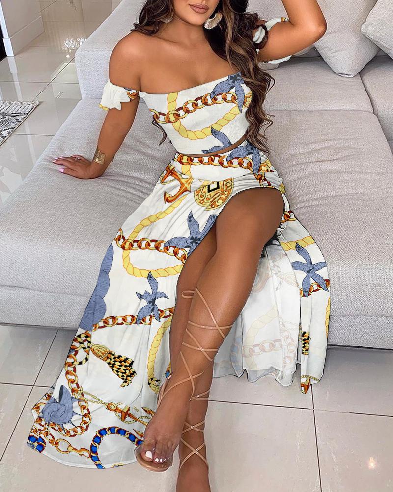 

Chain Print Off Shoulder Crop Top & Split Thigh Skirt Set, White