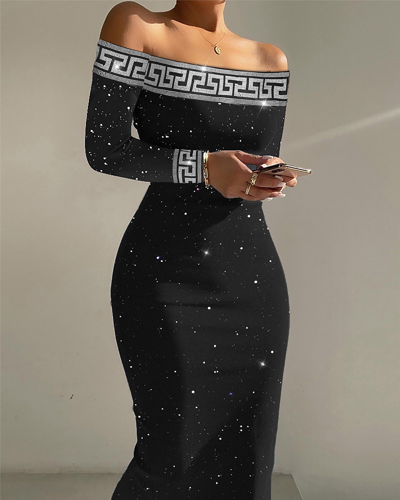Rhinestone Geo Pattern Off Shoulder Glitter Bodycon Dress