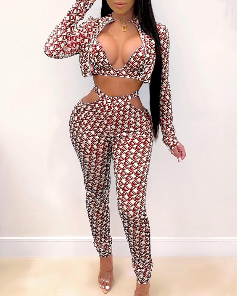 

Letter Print Crop Top & Cutout Waist Pants & Zip Coat Set, Red