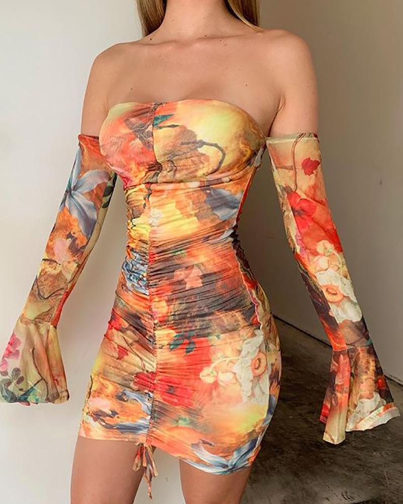 

Allover Print Off Shoulder Drawstring Bodycon Dress, Multicolor