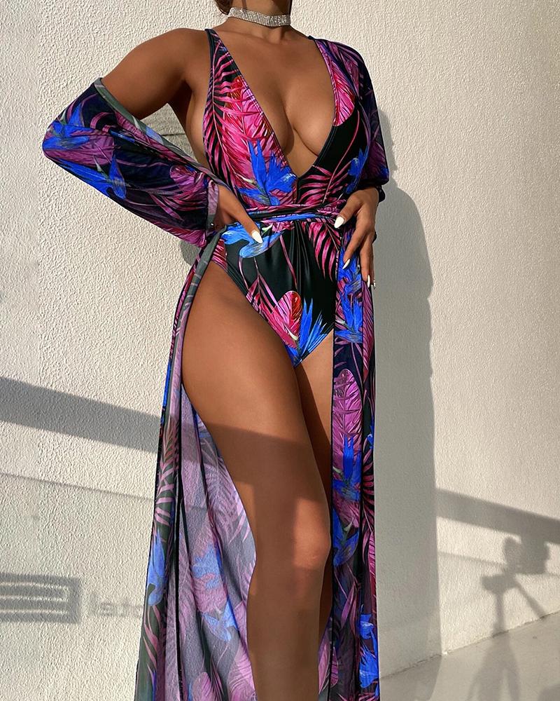 

2PCS Tropical Print One Piece Swimsuit With Cover Up, Hot pink