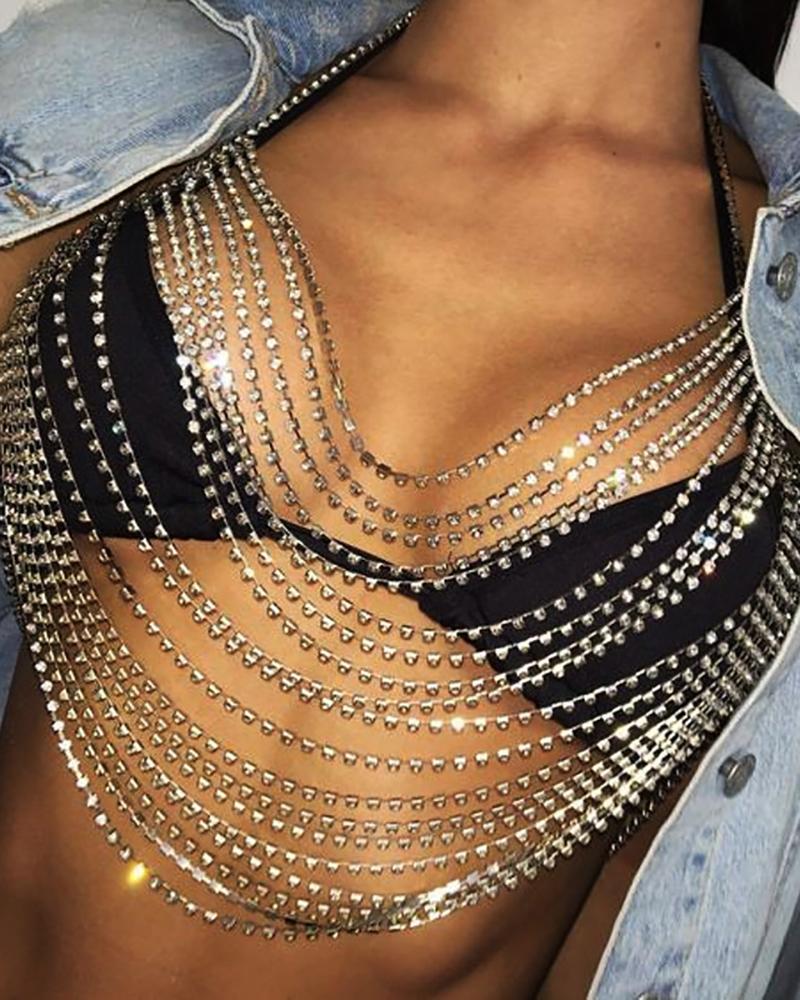 

Layered Rhinestone Decor Body Chain, Gold
