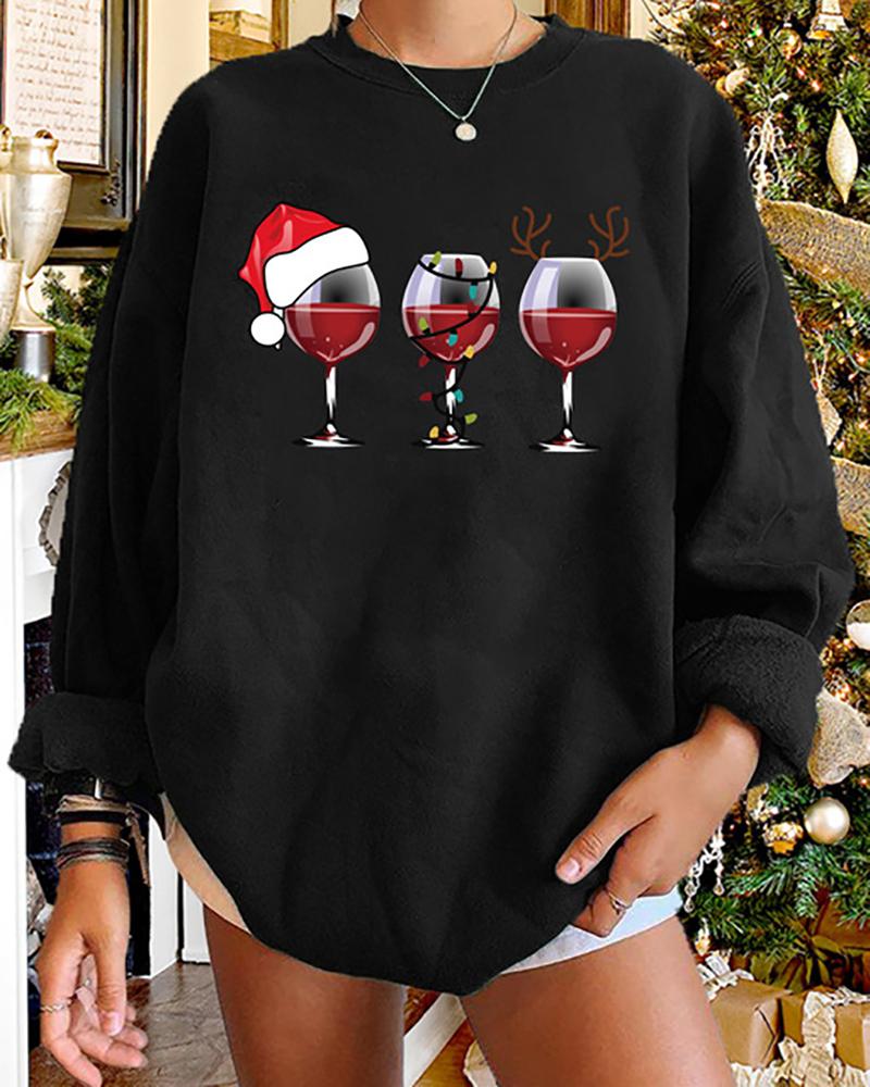 

Christmas Wine Glasses Print Long Sleeve Sweatshirt, Black