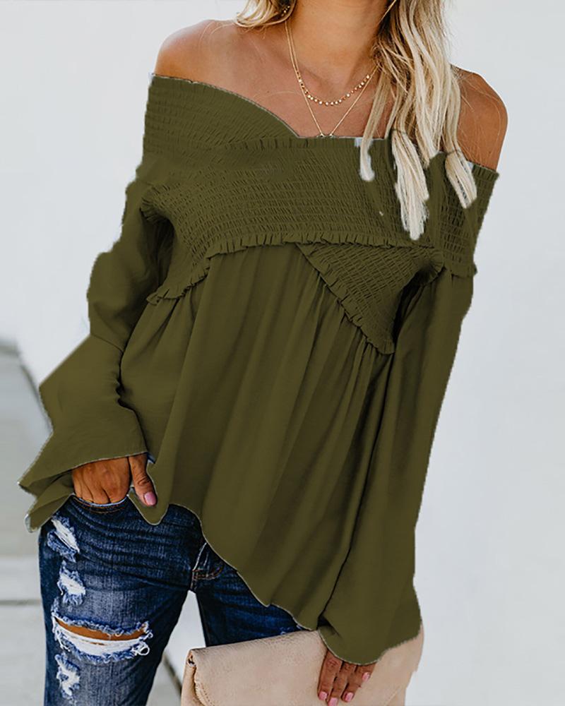 

One-shoulder Ruffled Long-sleeved T-shirt, Army green