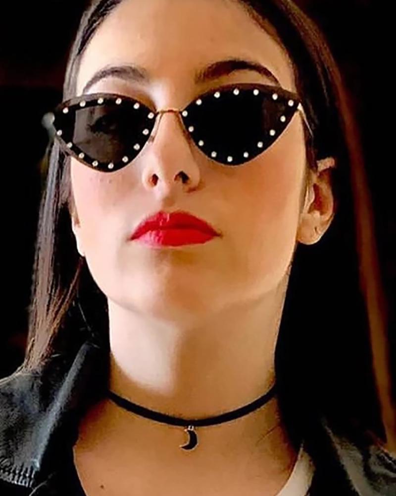 

1Pair Triangle Cat Eye Studded Rimless Sunglasses, Black