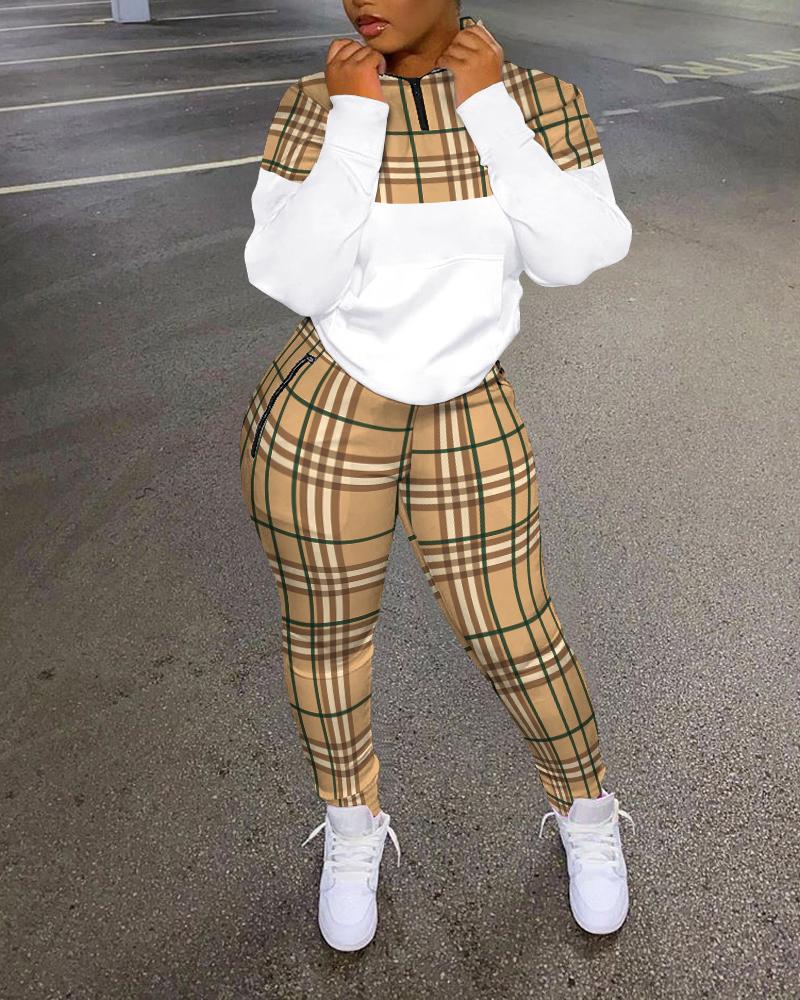 

Plaid Print Zip Detail Long Sleeve Top & Pants Set, Green