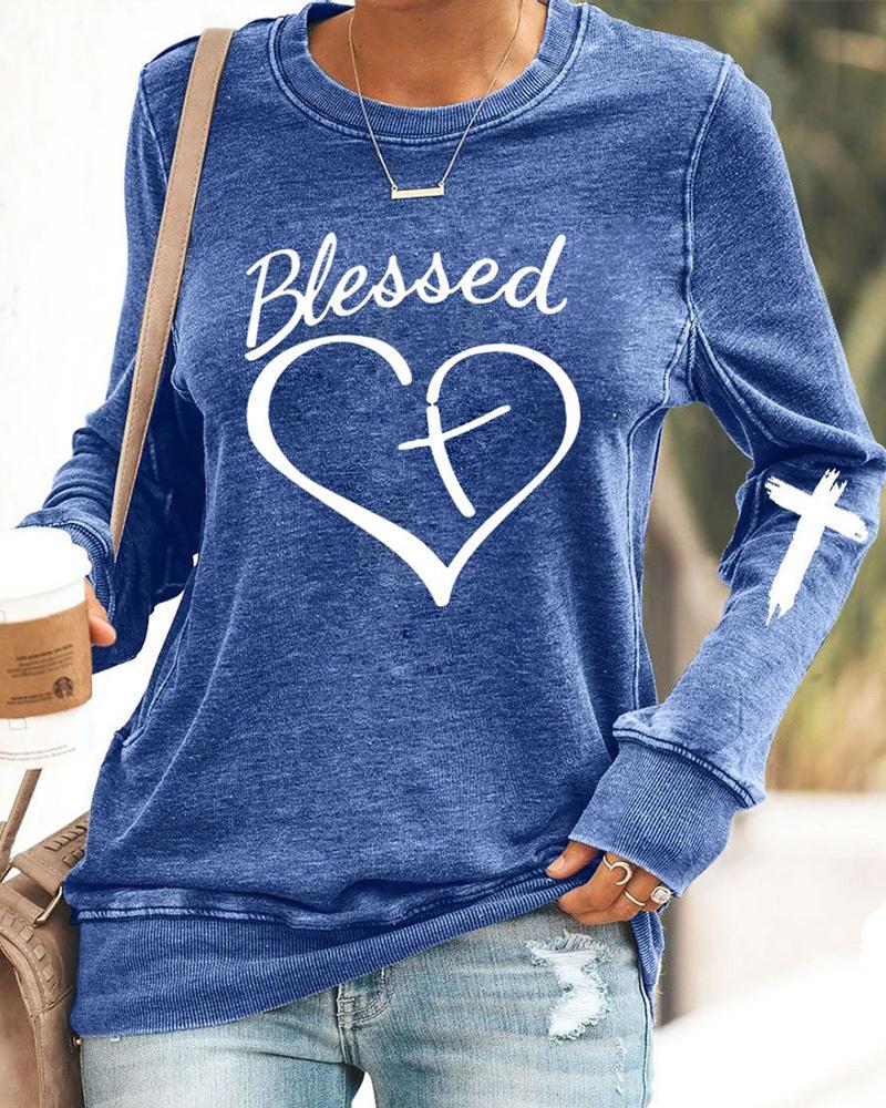 

Letter Heart Print Long Sleeve Sweatshirt, Blue